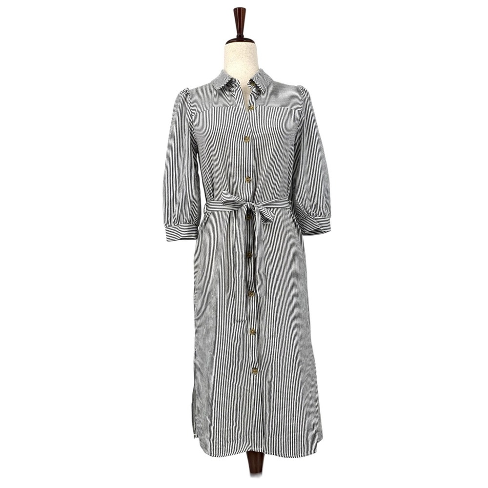 MONTEAU Los Angeles Women's S Gray Striped Poplin Button Front Midi Shirt Dress